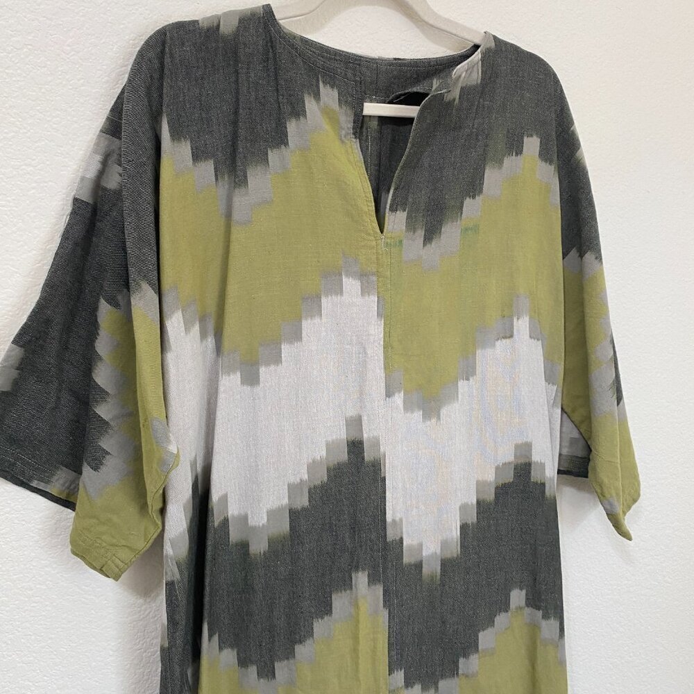 Handmade Chevron Kaftan Dress Green Gray Boho Lagenlook Maxi One Size - Picture 2 of 5